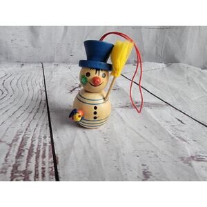 Vintage Steinbach Wooden Snowman with Broom & Bird Christmas Ornament Germany